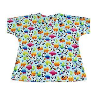 Women’s Scrub Top Pediatrics Panda Bears Balloons Clouds VNeck PLUS SIZE 3X READ